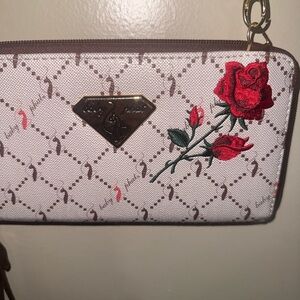Baby Phat White and Brown Wallet with Red Rose Embroidery